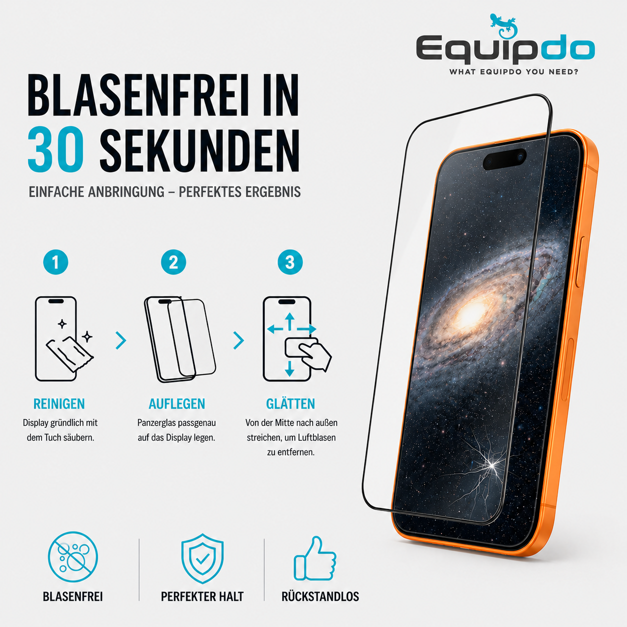 Equipdo iPhone 15 Pro Max Panzerglas Full Cover Blasenfreie Anleitung Schwarzer Rand